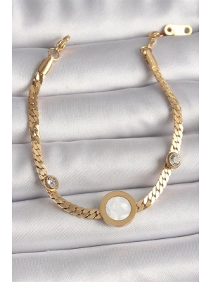 316L Çelik Gold Renk Yassı Zincir Model Zirkon Taş Detaylı Beyaz Mineli Madalyon Model Kadın Bileklik