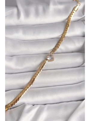 316L Çelik Gold Renk Yassı Zincir Model Zirkon Taşlı Kalp Figür Kadın Bileklik