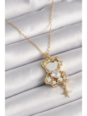 316L Çelik Gold Renk Zincir Ayna Ayıcık Model Zirkon Taşlı Kalp Model Kadın Kolye
