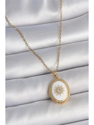 316L Çelik Gold Renk Zincir Beyaz Mineli Güneş İşlemeli Zirkon Taş Detaylı Madalyon Model Kadın Kolye
