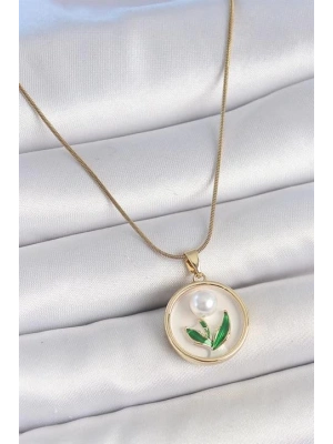 316L Çelik Gold Renk Zincir Beyaz Mineli İncili Çiçek İşlemeli Portre Model Kadın Kolye
