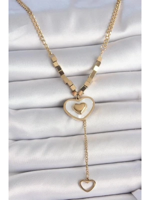 316L Çelik Gold Renk Zincir Beyaz Mineli Kalp Figür Sallantı Detay Kadın Kolye