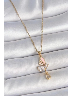 316L Çelik Gold Renk Zincir Damla Zirkon Taşlı Kelebek Model Sallantı Detay Kadın Kolye