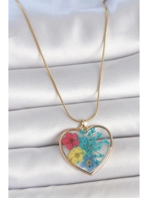 316L Çelik Gold Renk Zincir Kalp Epoksi Renkli Çiçek Model Kadın Kolye