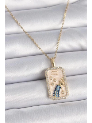 316L Çelik Gold Renk Zincir Kova Burcu Zirkon Taşlı Kadın Kolye