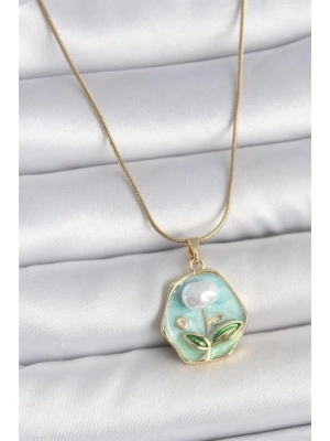 316L Çelik Gold Renk Zincir Mavi Çiçek İşlemeli İnci İşlemeli Portre Model Kadın Kolye