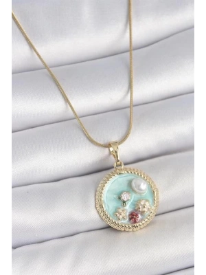 316L Çelik Gold Renk Zincir Mavi Mineli İnci Çiçek İşlemeli Zirkon Taş Detaylı Madalyon Model Kadın Kolye
