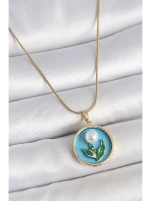 316L Çelik Gold Renk Zincir Mavi Mineli İncili Çiçek İşlemeli Portre Model Kadın Kolye