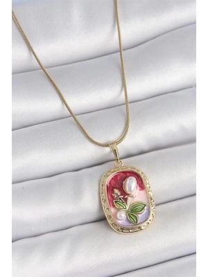 316L Çelik Gold Renk Zincir Mix Renk İncili Çiçek İşlemeli Portre Model Kadın Kolye