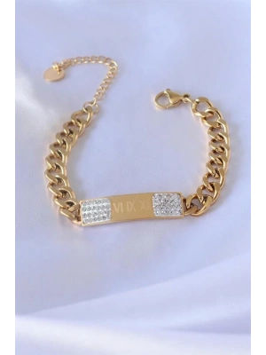 316L Çelik Gold Renk Zincir Model İşleme Detay Zirkon Taşlı Kadın Bileklik