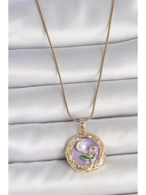 316L Çelik Gold Renk Zincir Mor Çiçek İşlemeli İnci Detay Potre Model Kadın Kolye