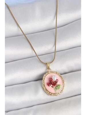 316L Çelik Gold Renk Zincir Pembe Mineli İncili Çiçek İşlemeli Portre Model Kadın Kolye