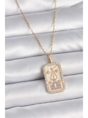 316L Çelik Gold Renk Zincir Terazi Burcu Zirkon Taşlı Kadın Kolye