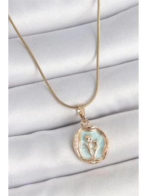 316L Çelik Gold Renk Zincir Turkuaz Mineli Çiçek İşlemeli Portre Model Kadın Kolye