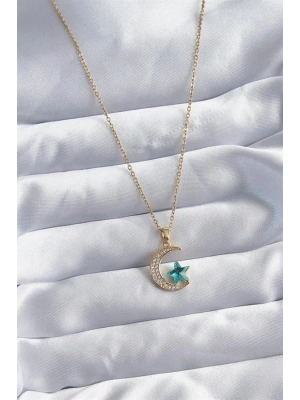 316L Çelik Gold Renk Zincir Zirkon Taş Detay Hilal Yıldızı Figür Kadın Kolye