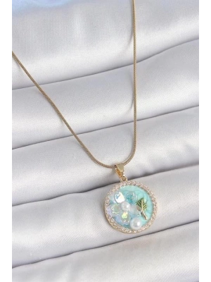 316L Çelik Gold Renk Zincir Zirkon Taş Detaylı Mavi Mineli Çiçek İşlemeli İnci Detay Kadın Kolye