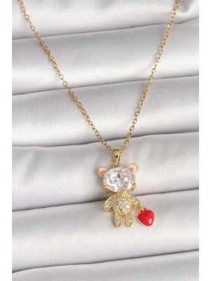 316L Çelik Gold Renk Zincir Zirkon Taşlı Ayıcık Model Kırmızı Kalp Detay Kadın Kolye