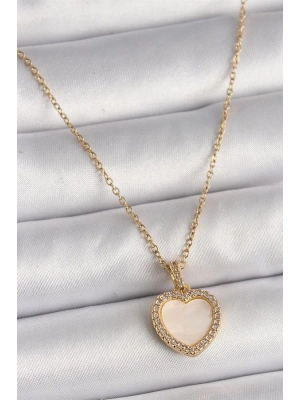 316L Çelik Gold Renk Zincir Zirkon Taşlı Beyaz Mineli Kalp Model Kadın Kolye