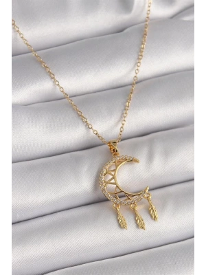 316L Çelik Gold Renk Zincir Zirkon Taşlı Hilal Model Sallantı Yaprak Detay Kadın Kolye