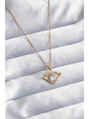 316L Çelik Gold Renk Zincir Zirkon Taşlı Kalp Model Kadın Kolye