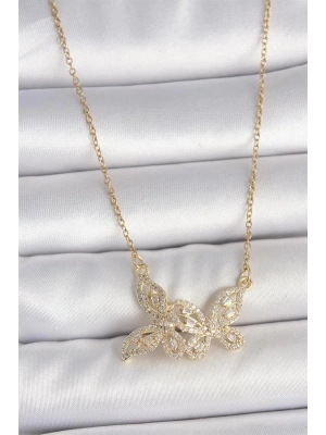 316L Çelik Gold Renk Zincir Zirkon Taşlı Kelebek Model Kadın Kolye