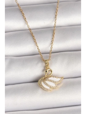 316L Çelik Gold Renk Zincir Zirkon Taşlı Kuğu Model Kadın Kolye