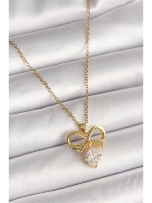 316L Çelik Gold Renk Zincir Zirkon Taşlı Kurdele Model Kadın Kolye