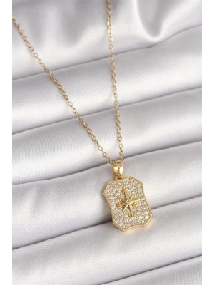 316L Çelik Gold Renk Zincir Zirkon Taşlı Kutup Yıldız İşlemeli Madalyon Model Kadın Kolye