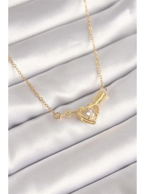 316L Çelik Gold Renk Zincir Zirkon Taşlı Ok Kalp Model Kadın Kolye