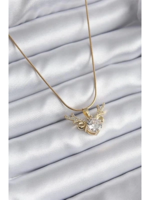 316L Çelik Gold Renk Zirkon Taşlı Boynuz Model Kadın Kolye