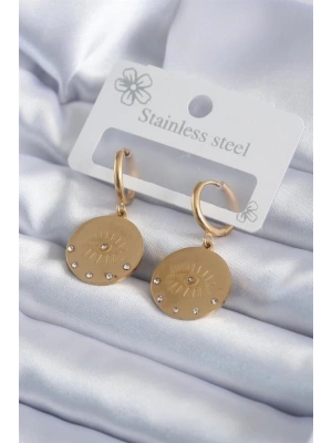 316L Çelik Gold Renk Zirkon Taşlı Göz İşleme Model Kadın Küpe