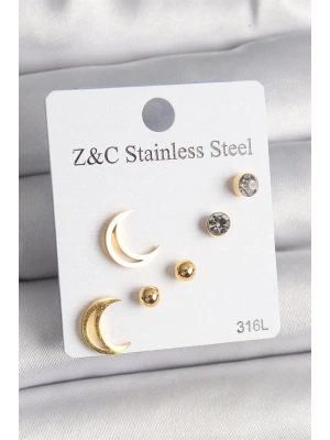 316L Çelik Gold Renk Zirkon Taşlı Hilal Model Kadın Küpe Seti