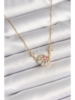 316L Çelik Gold Renk Zirkon Taşlı Hilal Pembe Kalp Model Kadın Kolye