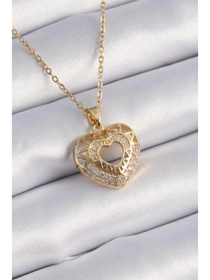 316L Çelik Gold Renk Zirkon Taşlı Kalp Model Vintage Kadın Kolye