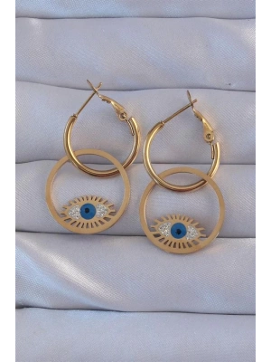 316L Çelik Gold Renk Zirkon Taşlı Mavi Göz Tasarımlı Halka Küpe