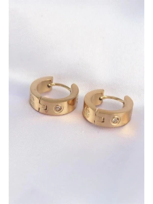 316L Çelik Gold Renk Zirkon Taşlı Minimal Model Halka Küpe