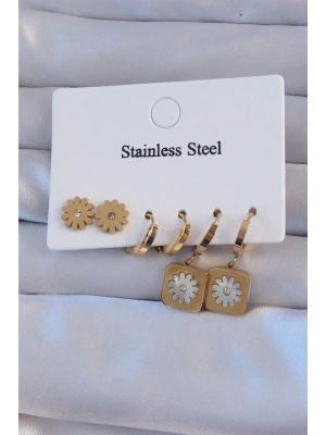 316L Çelik Gold Renk Zirkon Taşlı Sedefli Papatya Model Halka Küpe Seti