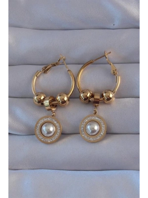 316L Çelik Gold Renk Zirkon ve İnci Taşlı Model Halka Küpe