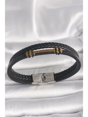 316L Çelik Gümüş Renk Aksesuarlı Çift Sıra Siyah Burgu Desen Deri Kordon Erkek Bileklik