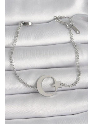 316L Çelik Gümüş Renk Ay Yıldız Model Kadın Bileklik