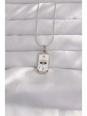 316L Çelik Gümüş Renk Beyaz Mineli Göz Figür Tarot Kolye