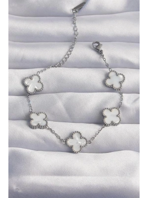 316L Çelik Gümüş Renk Beyaz Sedefli Yonca Bileklik