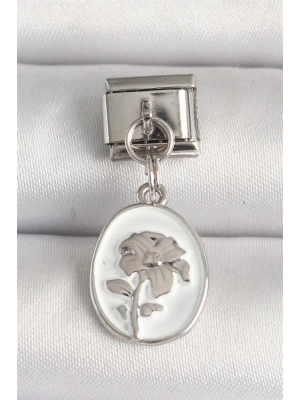316L Çelik Gümüş Renk Çiçek İşlemeli Beyaz Portre Model Nomination Charm
