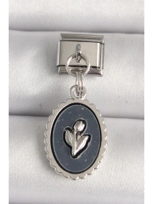 316L Çelik Gümüş Renk Çiçek İşlemeli Siyah Portre Model Nomination Charm