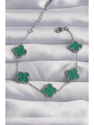 316L Çelik Gümüş Renk Çizgili Yeşil Mineli Yonca Bileklik