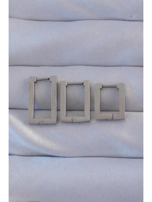 316L Çelik Gümüş Renk Dikdörtgen Küpe Seti