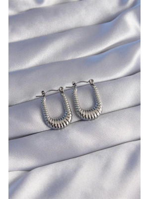 316L Çelik Gümüş Renk Dikdörtgen Tasarımlı Tırtıklı Küpe