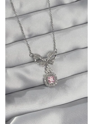 316L Çelik Gümüş Renk Fiyonk Detay Pembe Zirkon Taşlı Tektaş Kolye