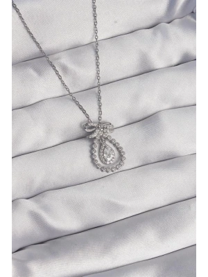 316L Çelik Gümüş Renk Fiyonk Detaylı Zirkon Taşlı Damla Model Kolye