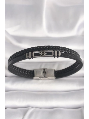 316L Çelik Gümüş Renk Gemi Dümeni Figür Siyah Burgu Deri Kordon Model Erkek Bileklik